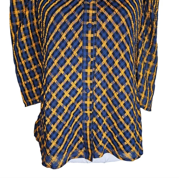 Eva Franco Anthropologie Textured Blue Yellow Plaid Blouse Size 2 Puff Sleeves - Picture 4 of 16